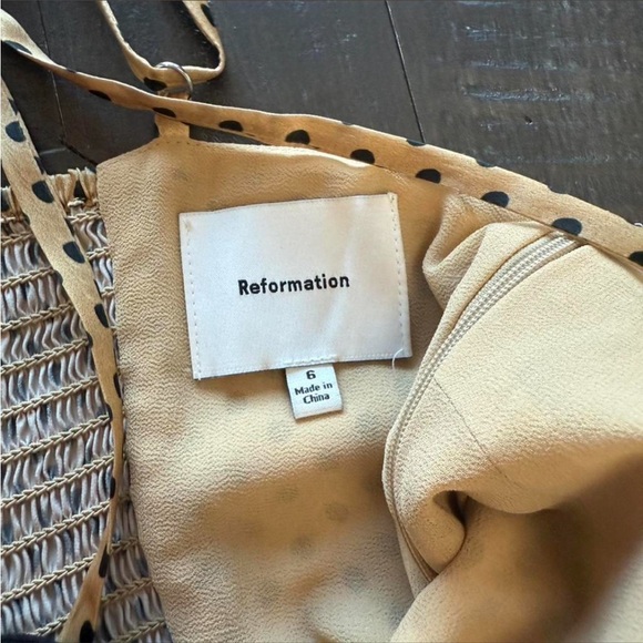 Reformation Ursula Dress - Polka Dot Tan Sundress with Black Mesh Trim - Picture 3 of 3